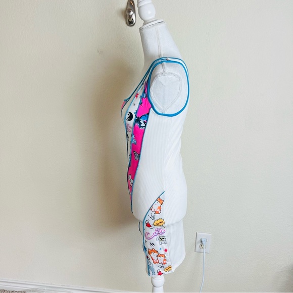 White Ribbed Contrast Stitch Butterfly Patchwork One Shoulder Bodycon Mini Dress - Picture 4 of 6